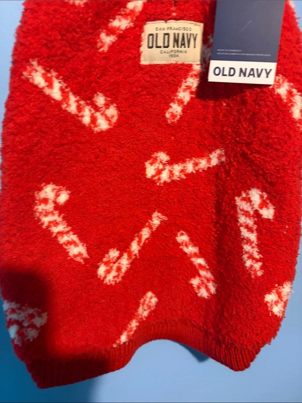 Old Navy Red Fuzzy Pet Sweater with White Candy Cane Pattern